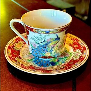 Vintage Japan Geisha Demitasse Cup & Saucer, Peacock & Flower